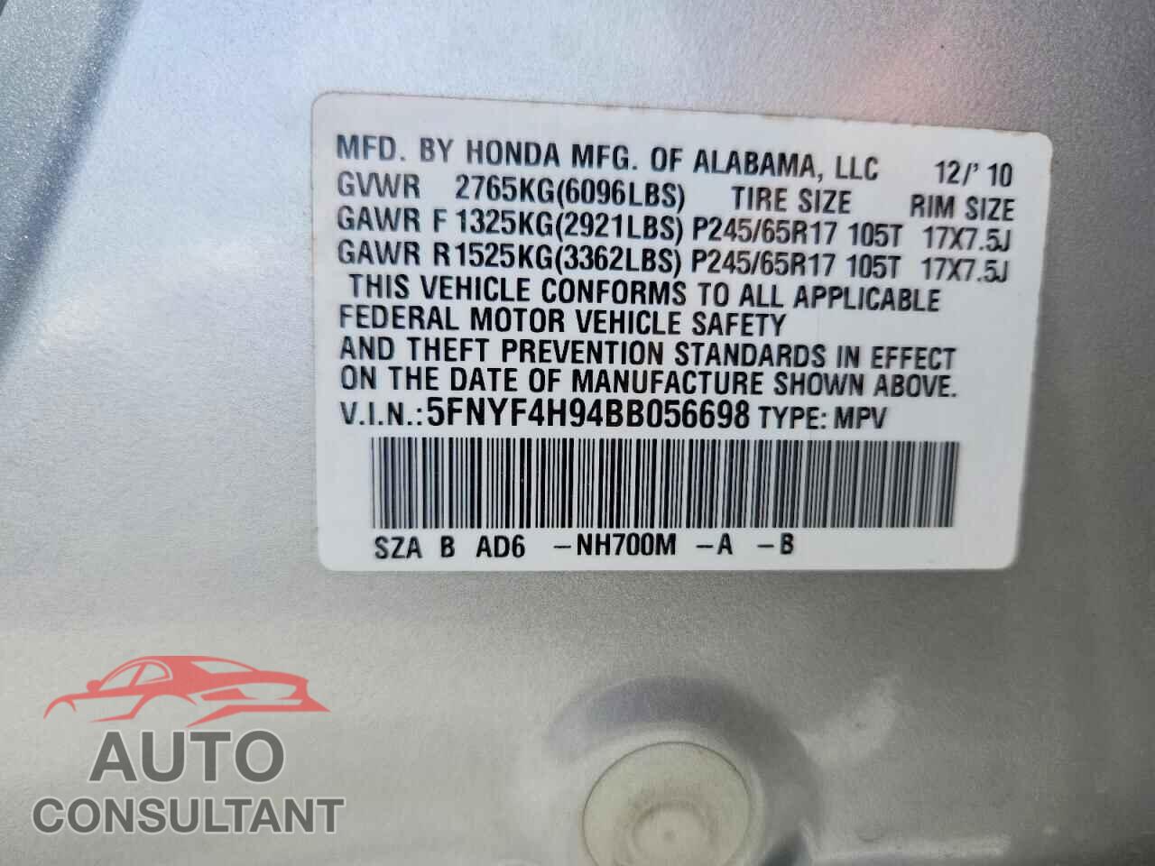 HONDA PILOT 2011 - 5FNYF4H94BB056698