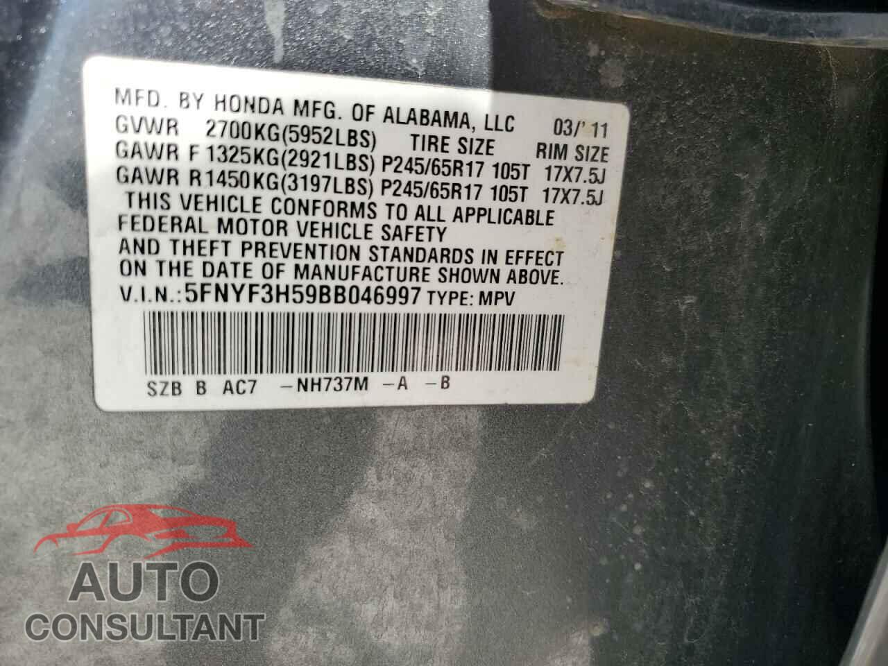 HONDA PILOT 2011 - 5FNYF3H59BB046997