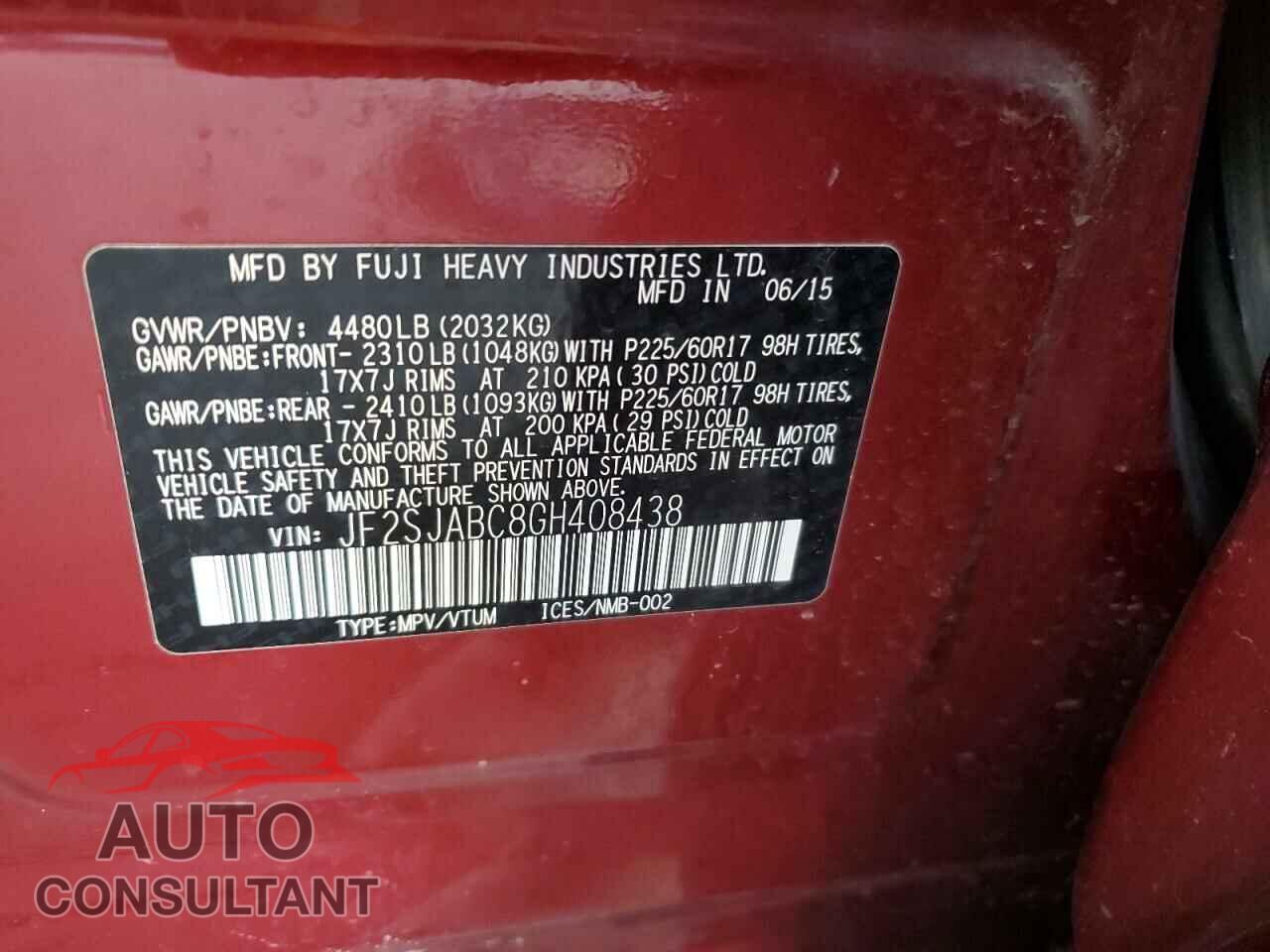 SUBARU FORESTER 2016 - JF2SJABC8GH408438