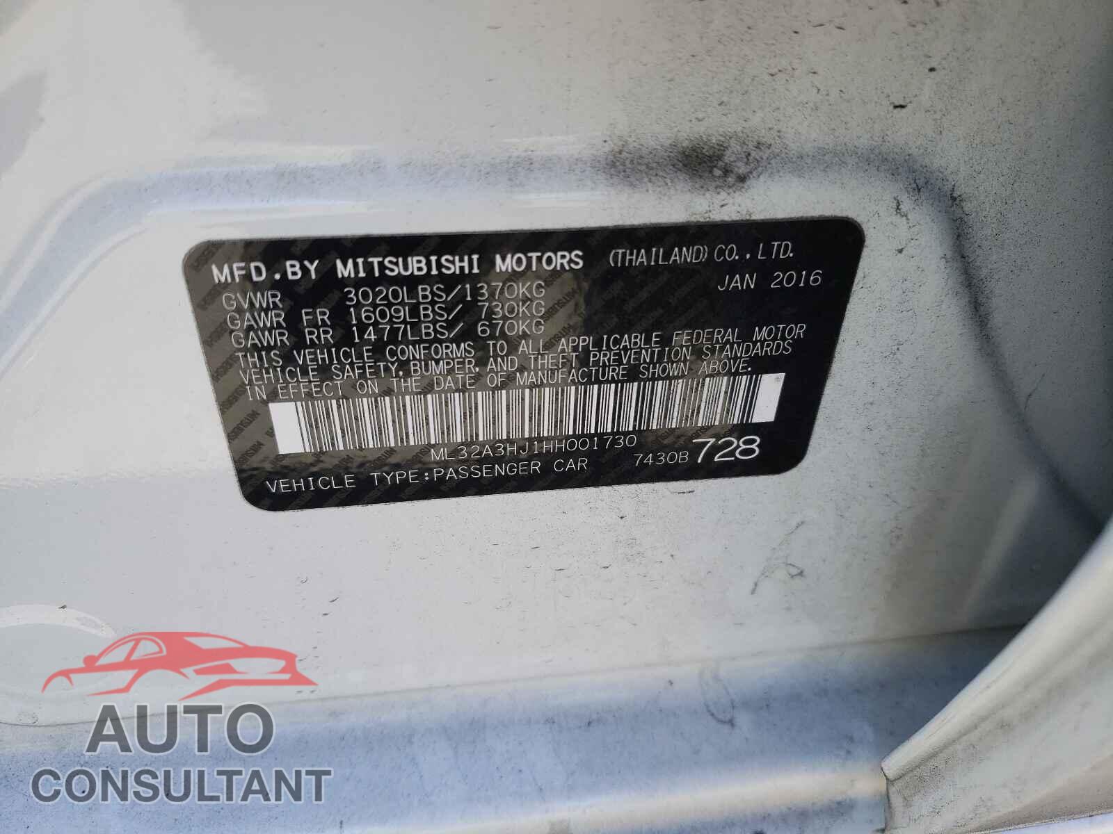 MITSUBISHI MIRAGE 2017 - ML32A3HJ1HH001730