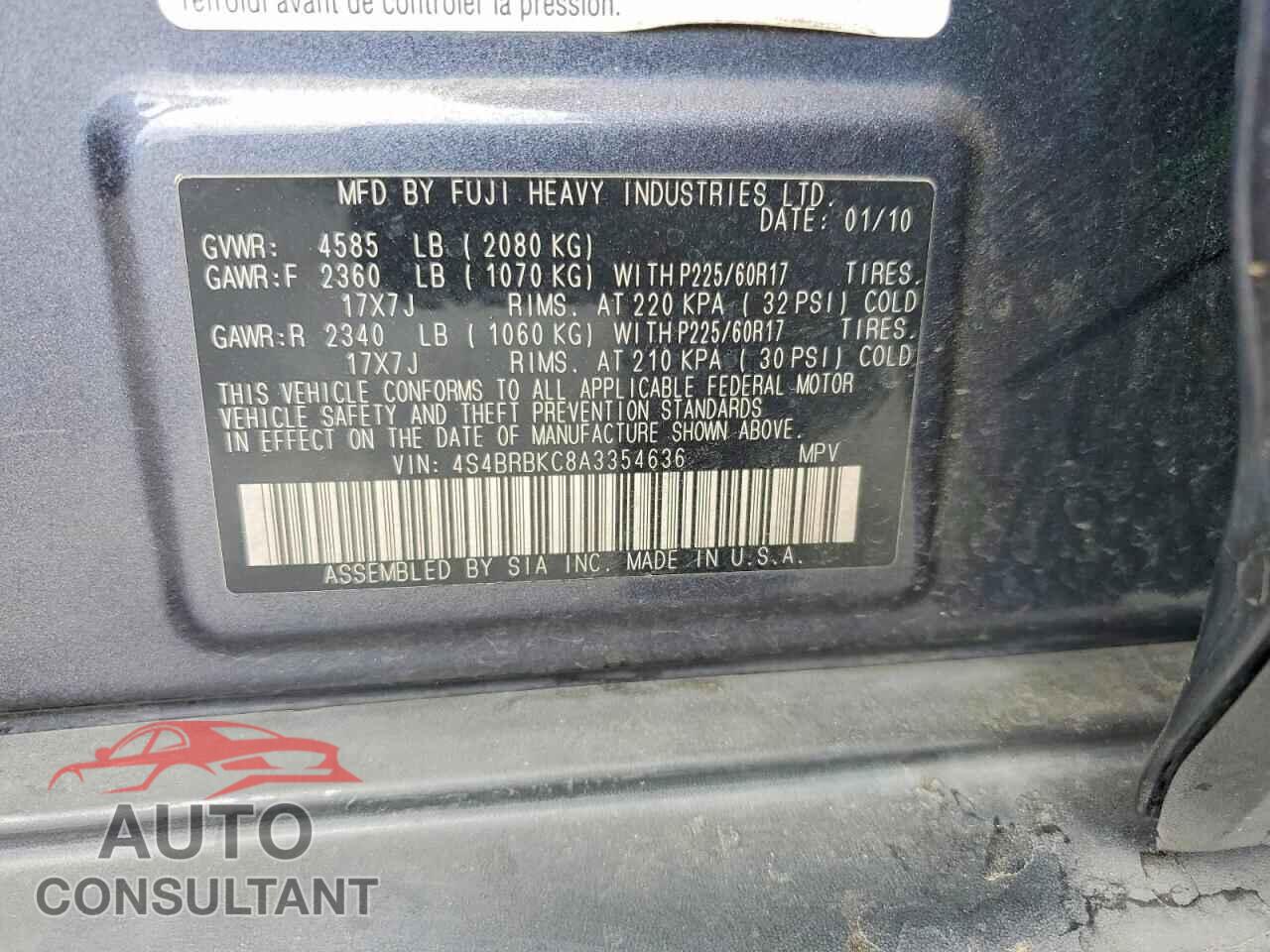 SUBARU OUTBACK 2010 - 4S4BRBKC8A3354636