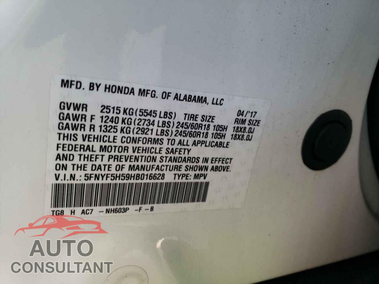 HONDA PILOT 2017 - 5FNYF5H59HB016628