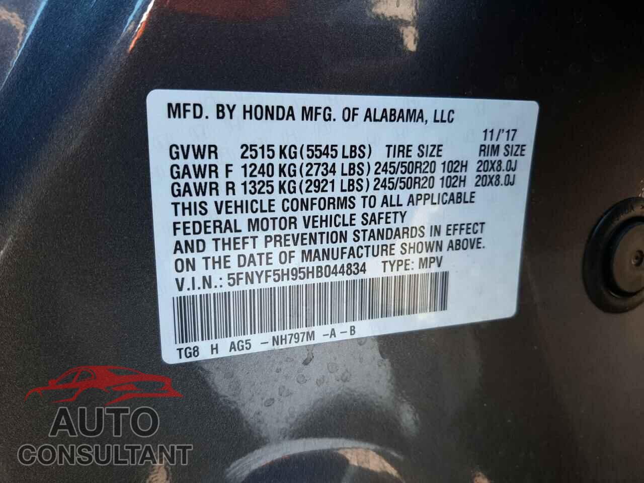HONDA PILOT 2017 - 5FNYF5H95HB044834