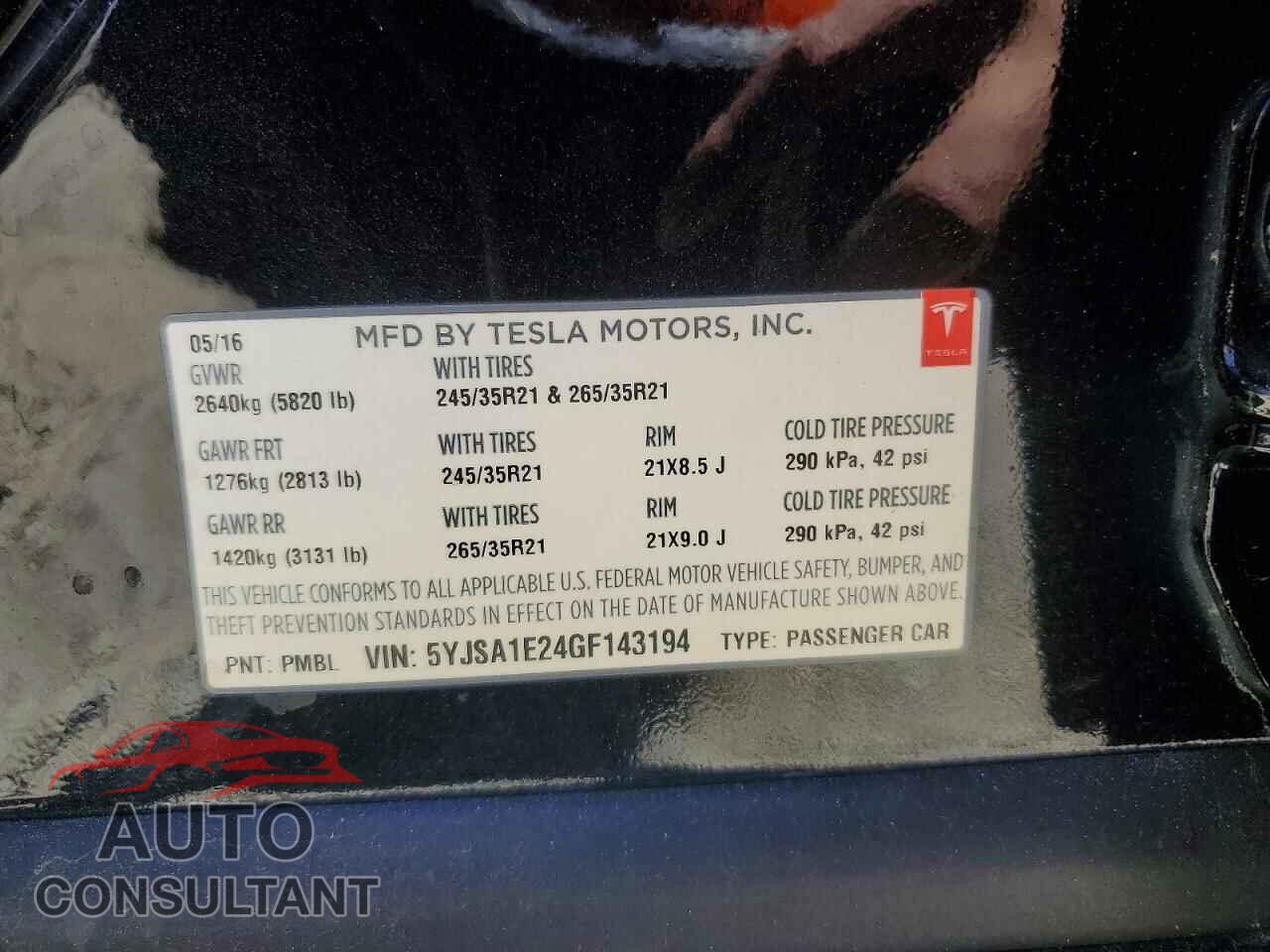 TESLA MODEL S 2016 - 5YJSA1E24GF143194
