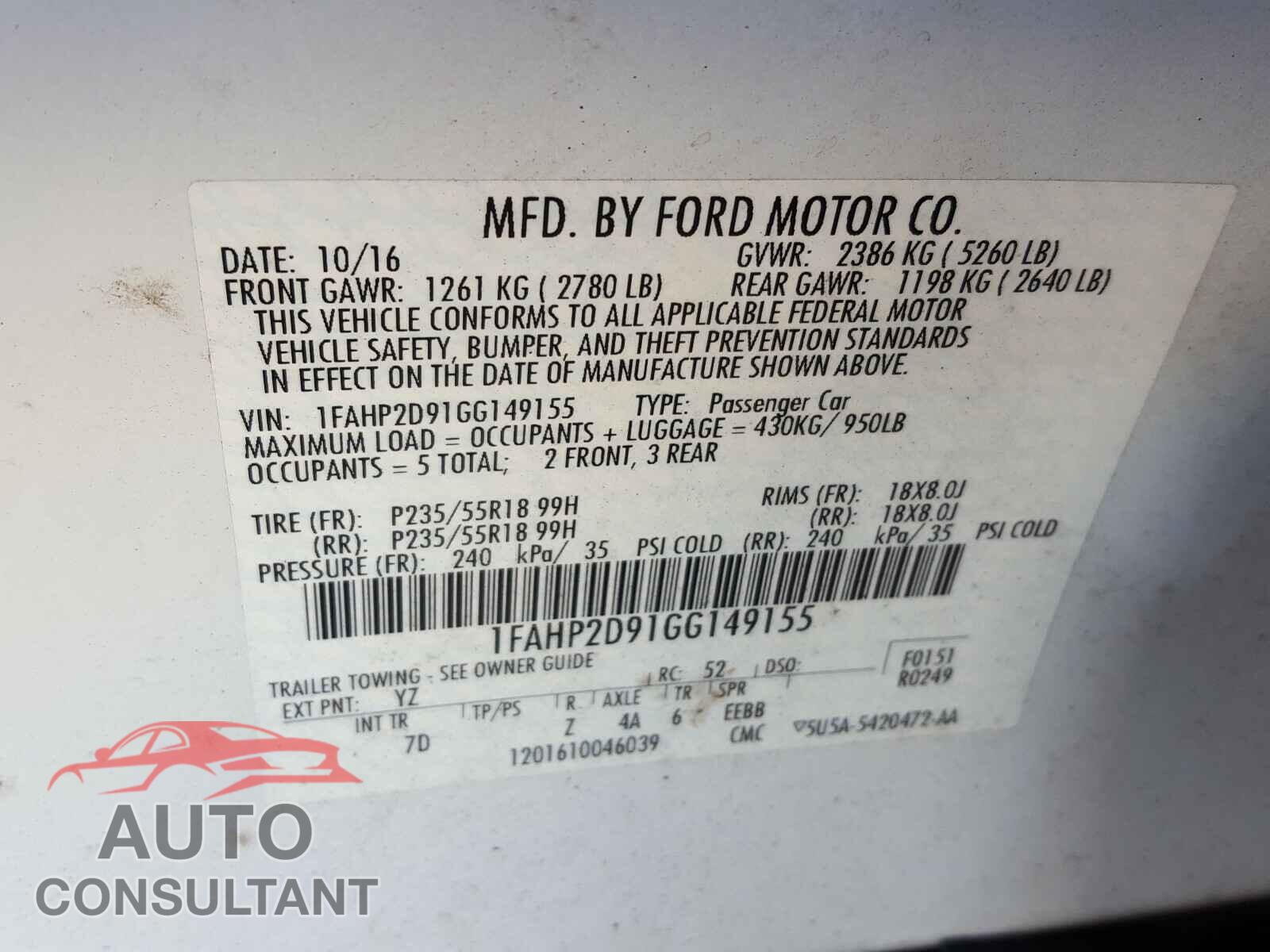 FORD TAURUS 2019 - 1FAHP2D91GG149155