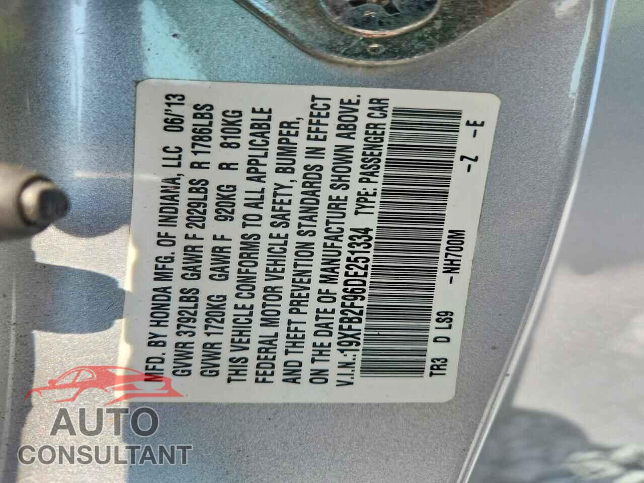 HONDA CIVIC 2013 - 19XFB2F96DE251334