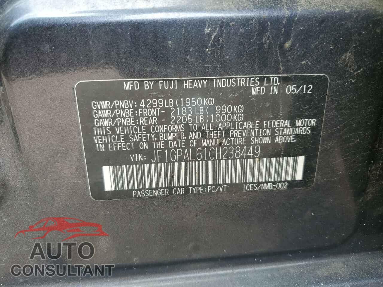 SUBARU IMPREZA 2012 - JF1GPAL61CH238449