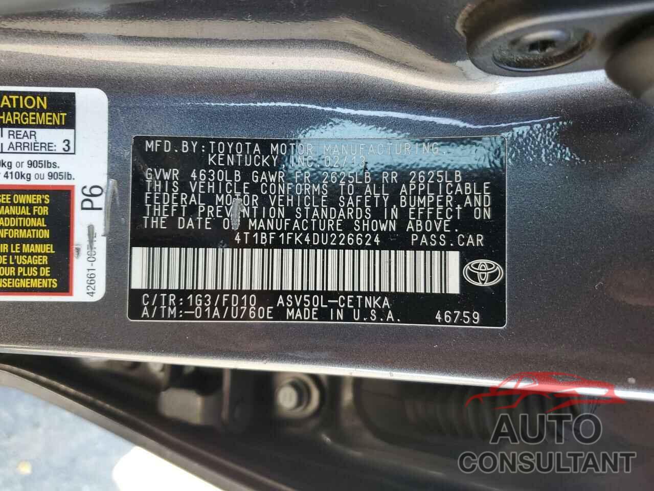 TOYOTA CAMRY 2013 - 4T1BF1FK4DU226624