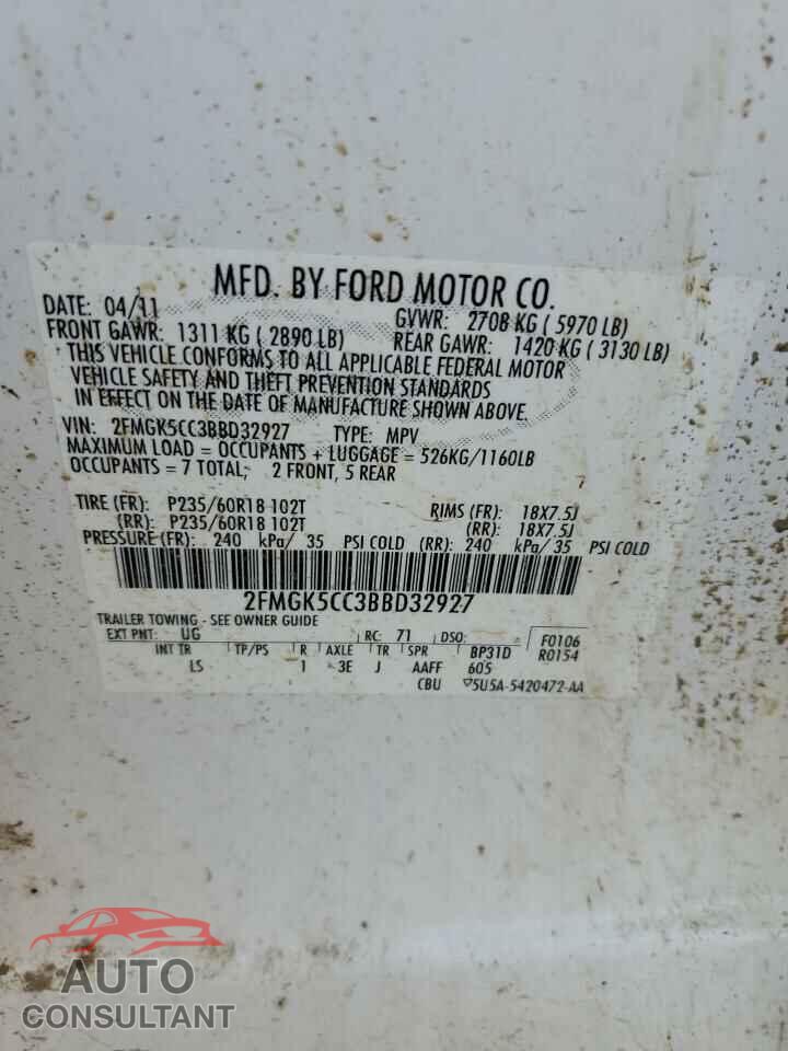 FORD FLEX 2011 - 2FMGK5CC3BBD32927
