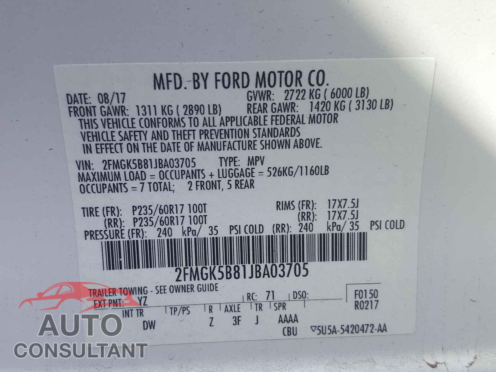 FORD FLEX 2018 - 2FMGK5B81JBA03705