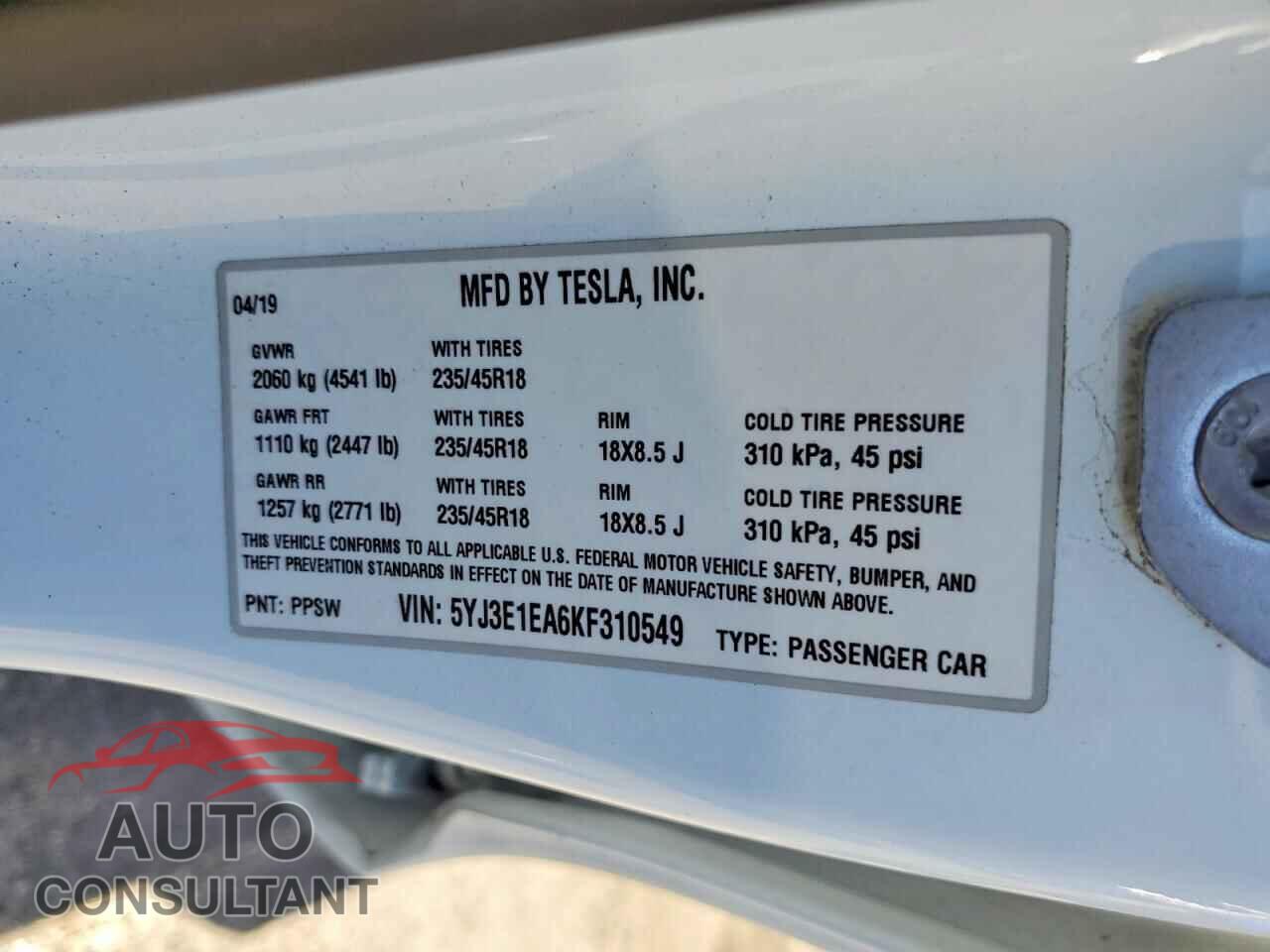 TESLA MODEL 3 2019 - 5YJ3E1EA6KF310549