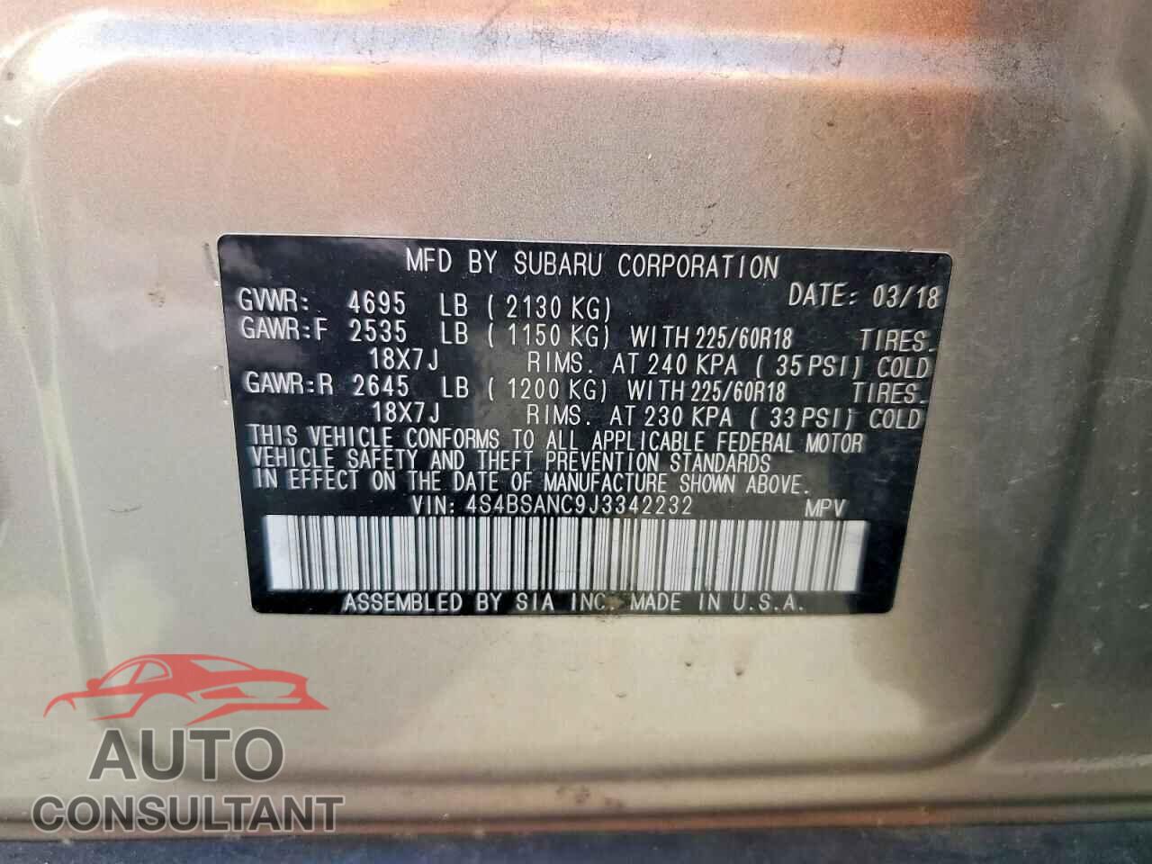 SUBARU OUTBACK 2018 - 4S4BSANC9J3342232