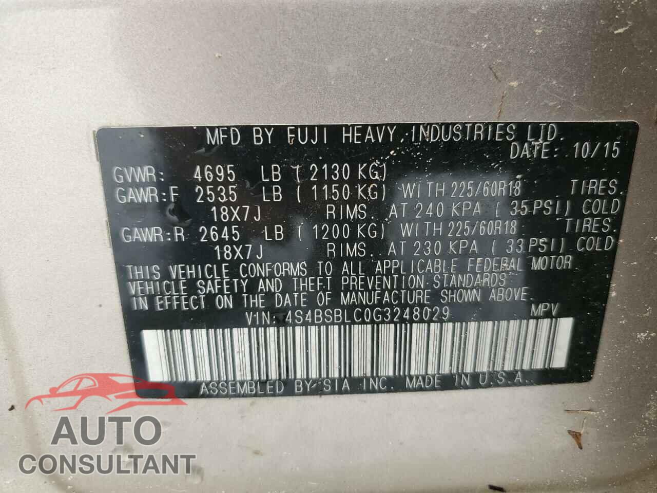 SUBARU OUTBACK 2016 - 4S4BSBLC0G3248029