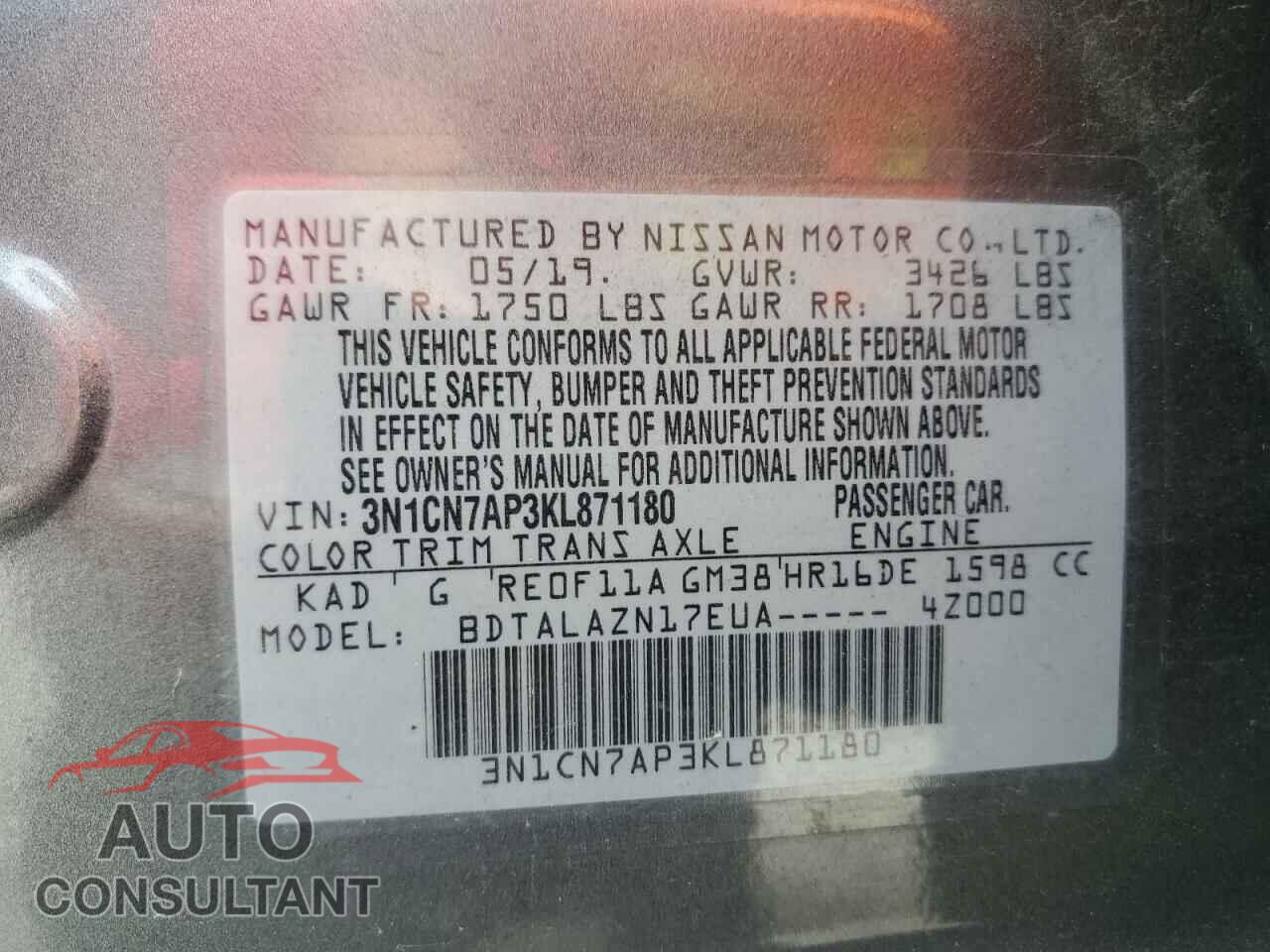 NISSAN VERSA 2019 - 3N1CN7AP3KL871180