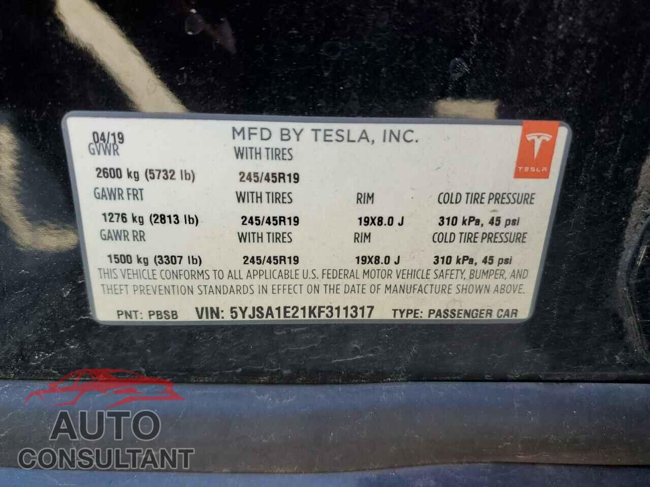 TESLA MODEL S 2019 - 5YJSA1E21KF311317