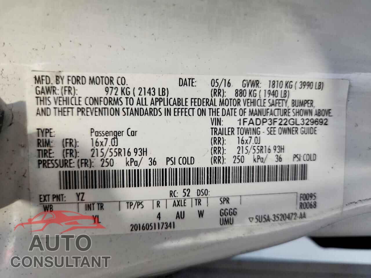 FORD FOCUS 2016 - 1FADP3F22GL329692