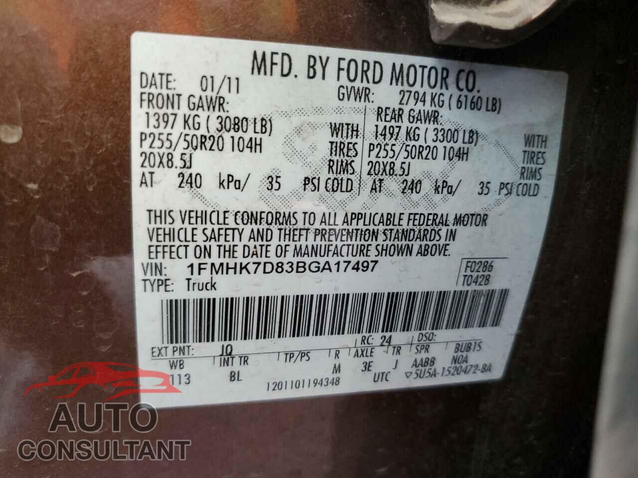FORD EXPLORER 2011 - 1FMHK7D83BGA17497