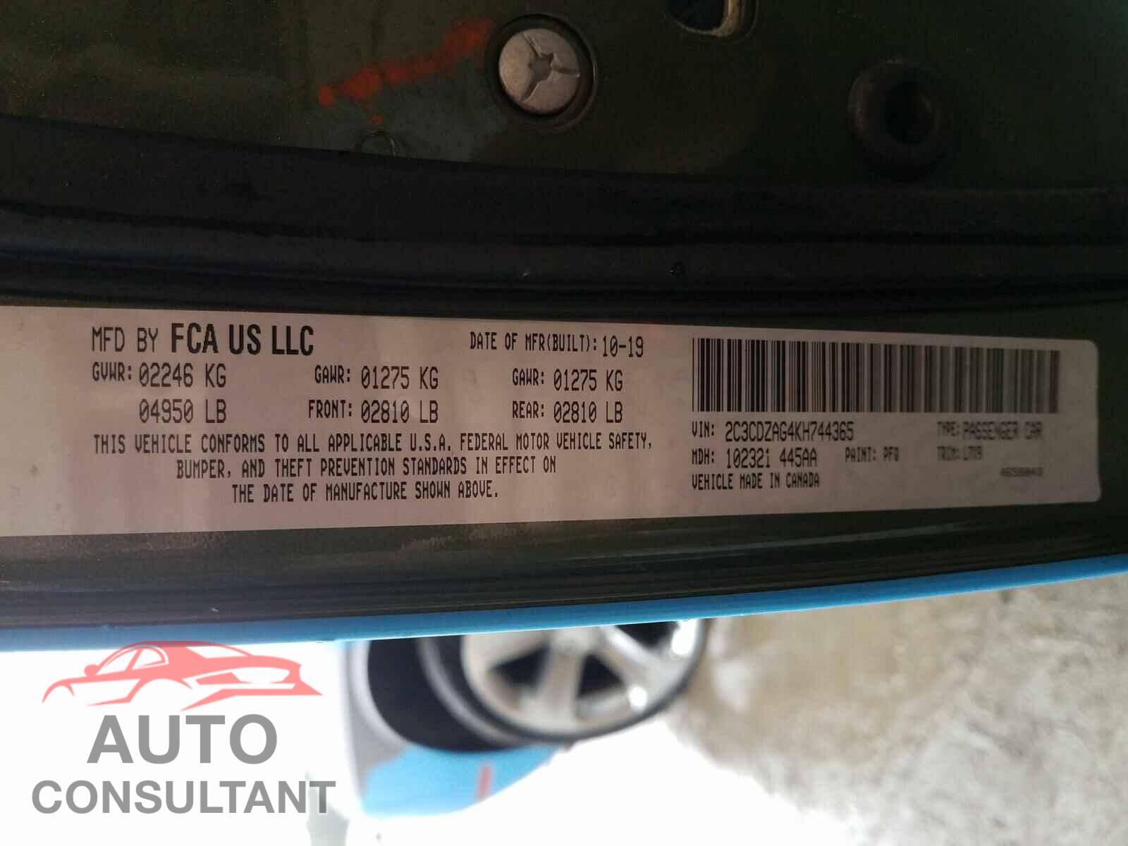 DODGE CHALLENGER 2019 - 2C3CDZAG4KH744365