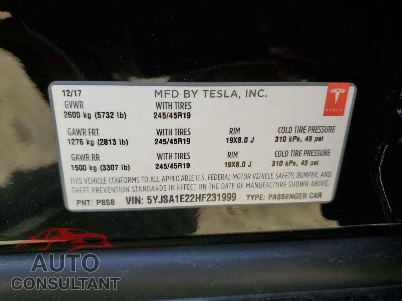 TESLA MODEL S 2017 - 5YJSA1E22HF231999