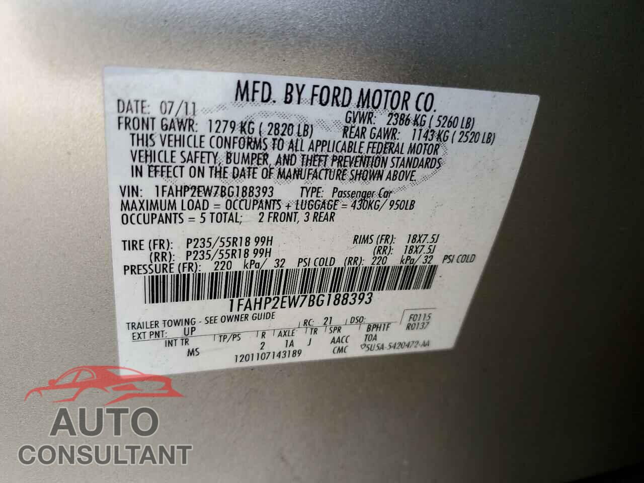 FORD TAURUS 2011 - 1FAHP2EW7BG188393