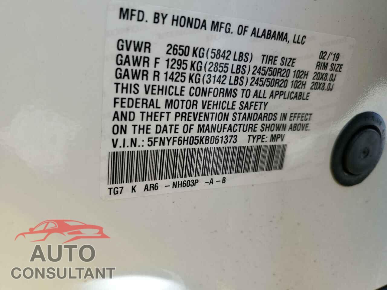 HONDA PILOT 2019 - 5FNYF6H05KB061373