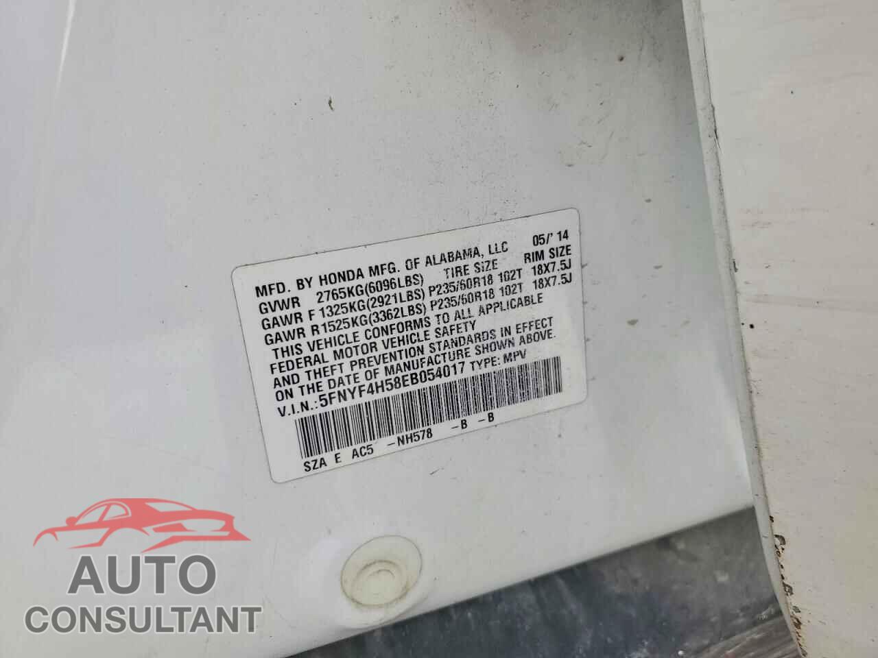 HONDA PILOT 2014 - 5FNYF4H58EB054017