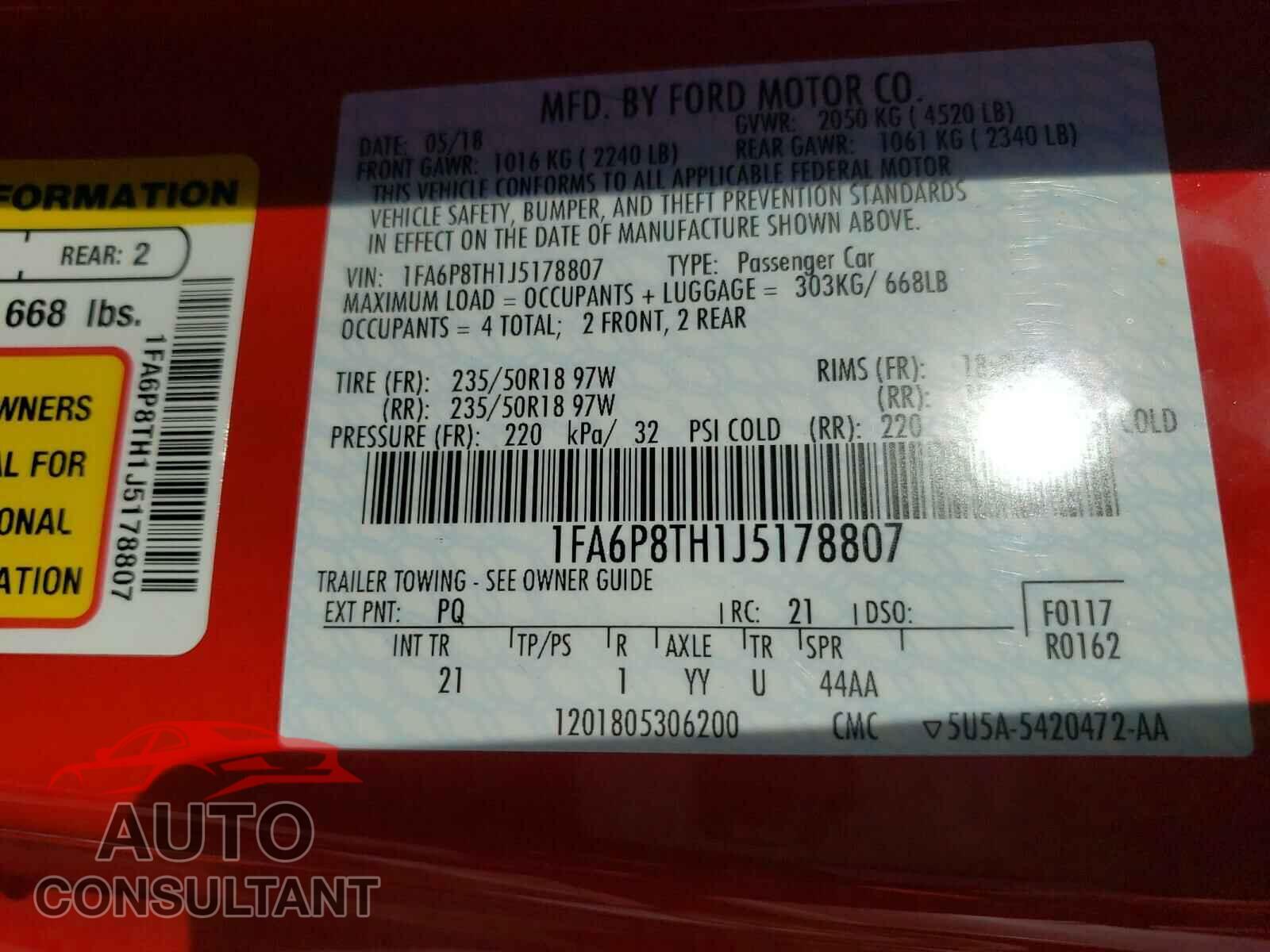 FORD MUSTANG 2018 - 1FA6P8TH1J5178807