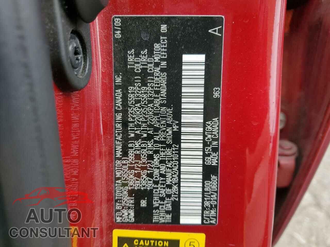 LEXUS RX350 2010 - 2T2BK1BA2AC010112