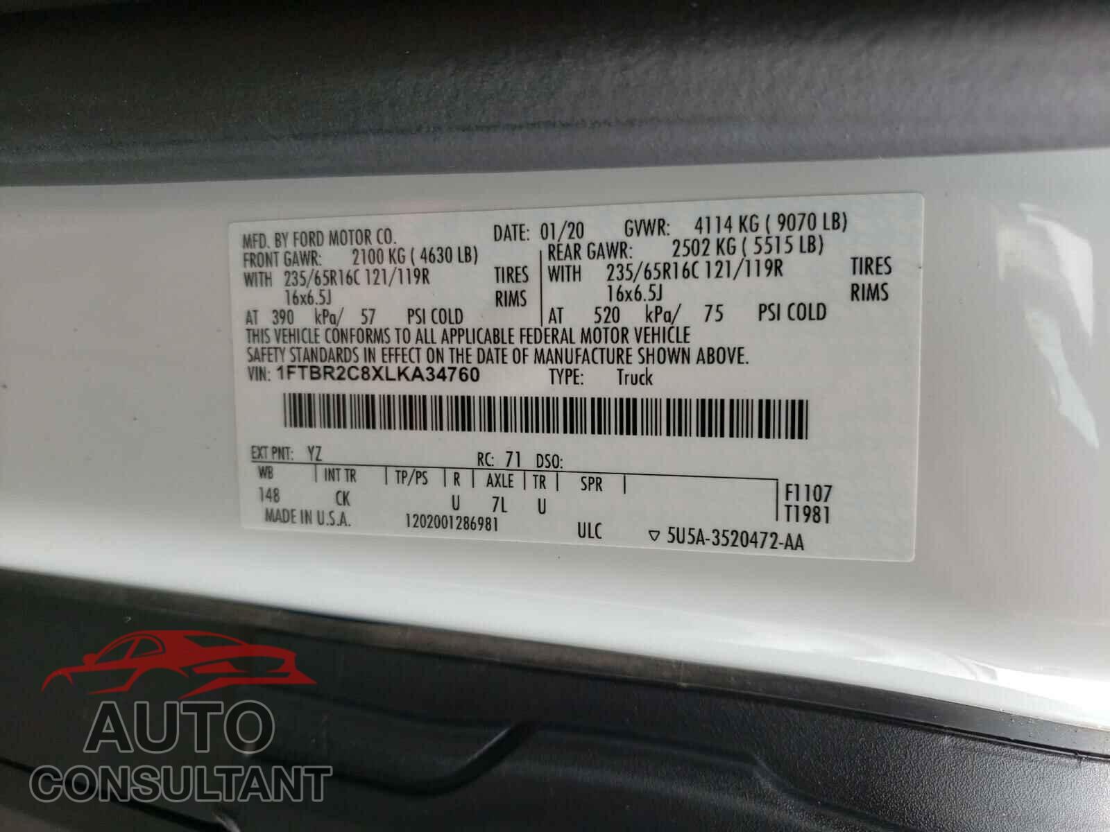 FORD TRANSIT CO 2020 - 1FTBR2C8XLKA34760