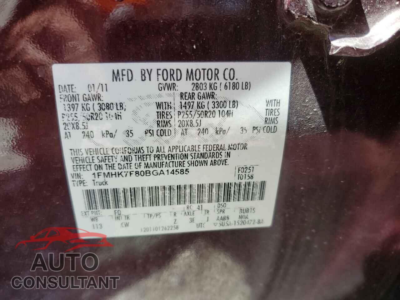 FORD EXPLORER 2011 - 1FMHK7F80BGA14585