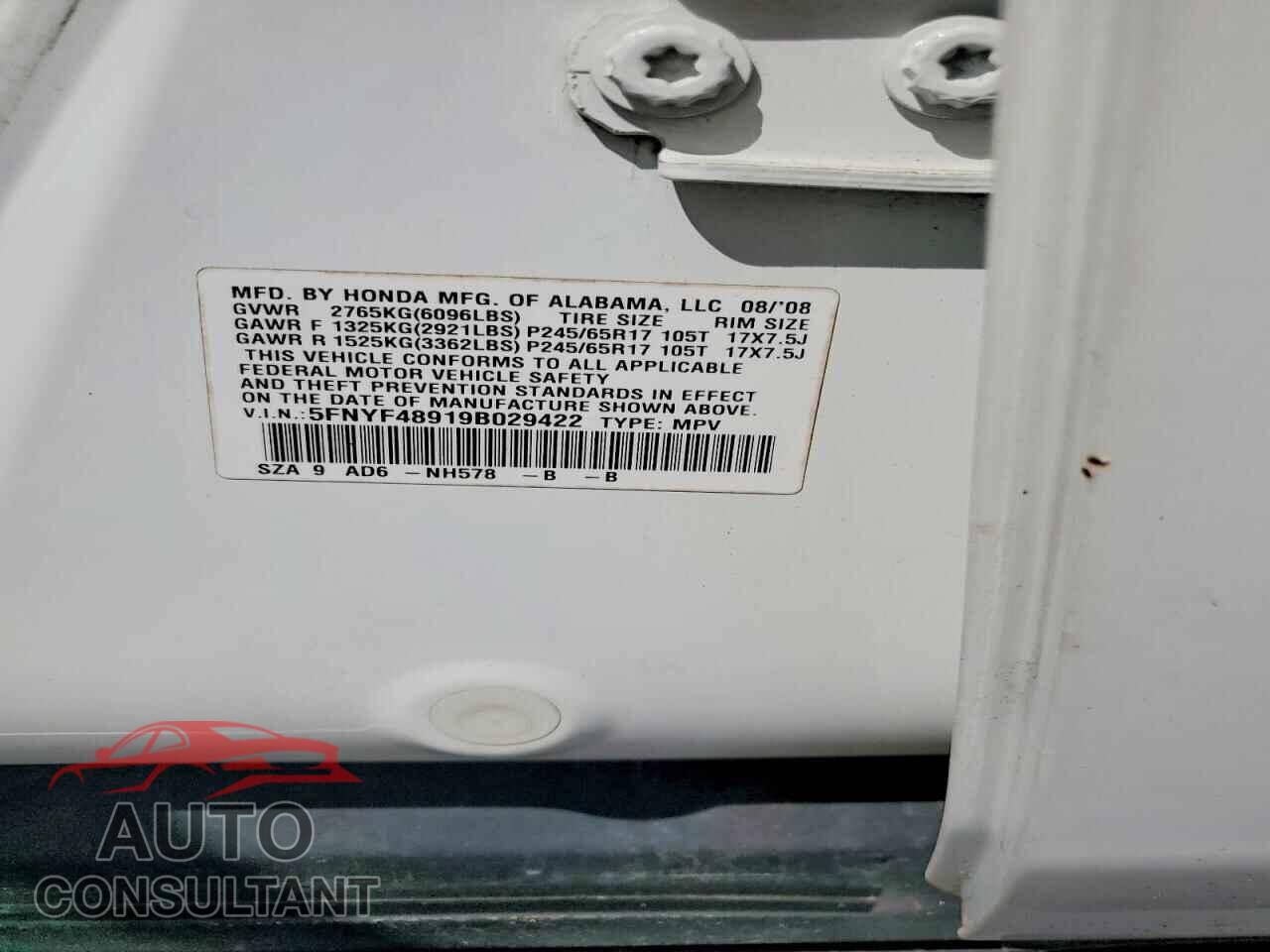 HONDA PILOT 2009 - 5FNYF48919B029422