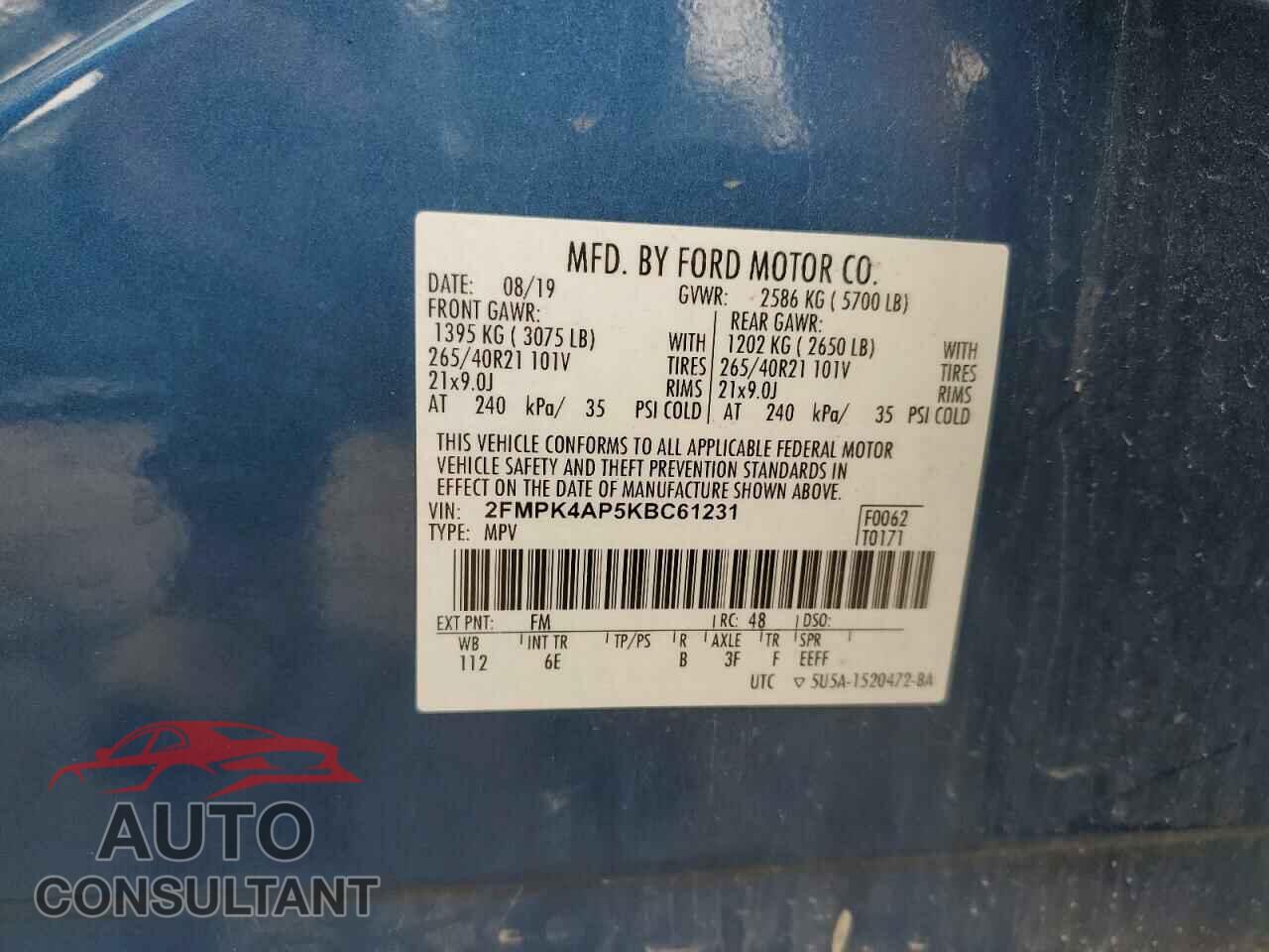 FORD EDGE 2019 - 2FMPK4AP5KBC61231