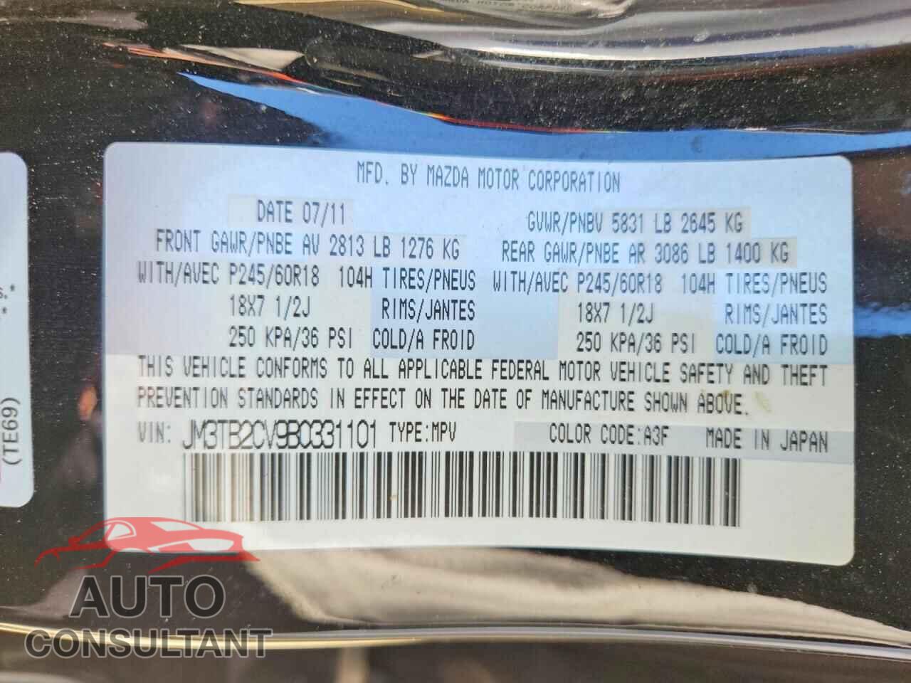 MAZDA CX-9 2011 - JM3TB2CV9B0331101