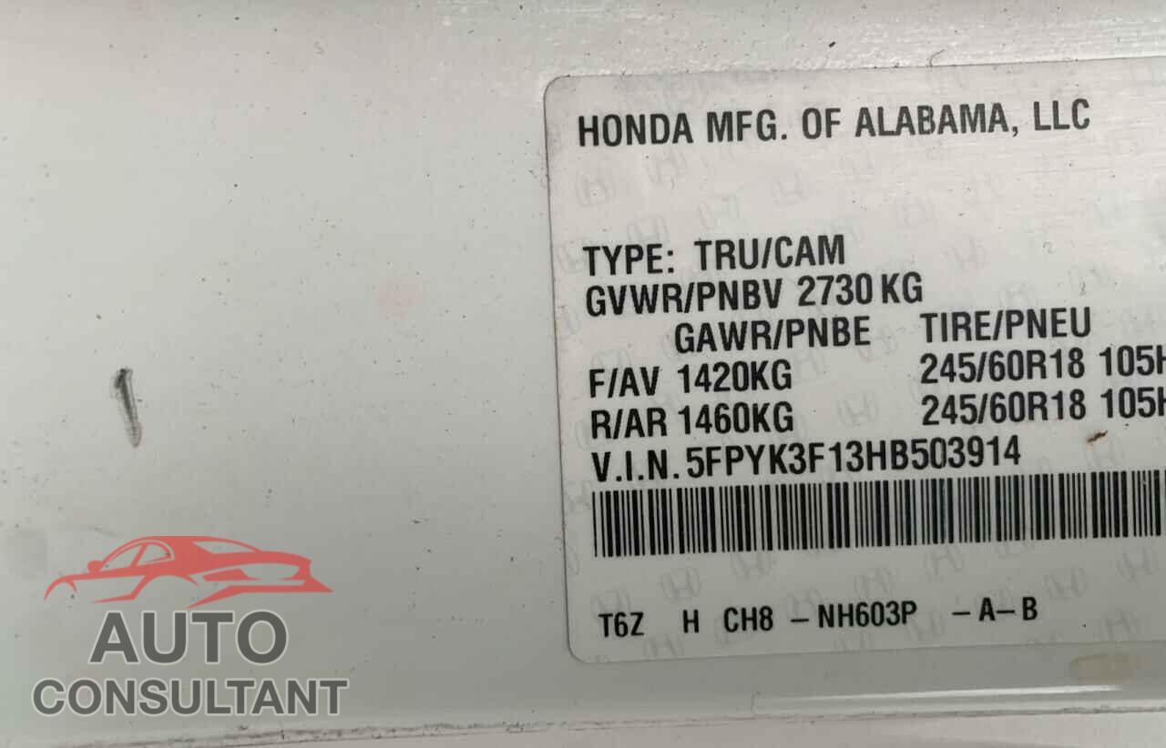 HONDA RIDGELINE 2017 - 5FPYK3F13HB503914