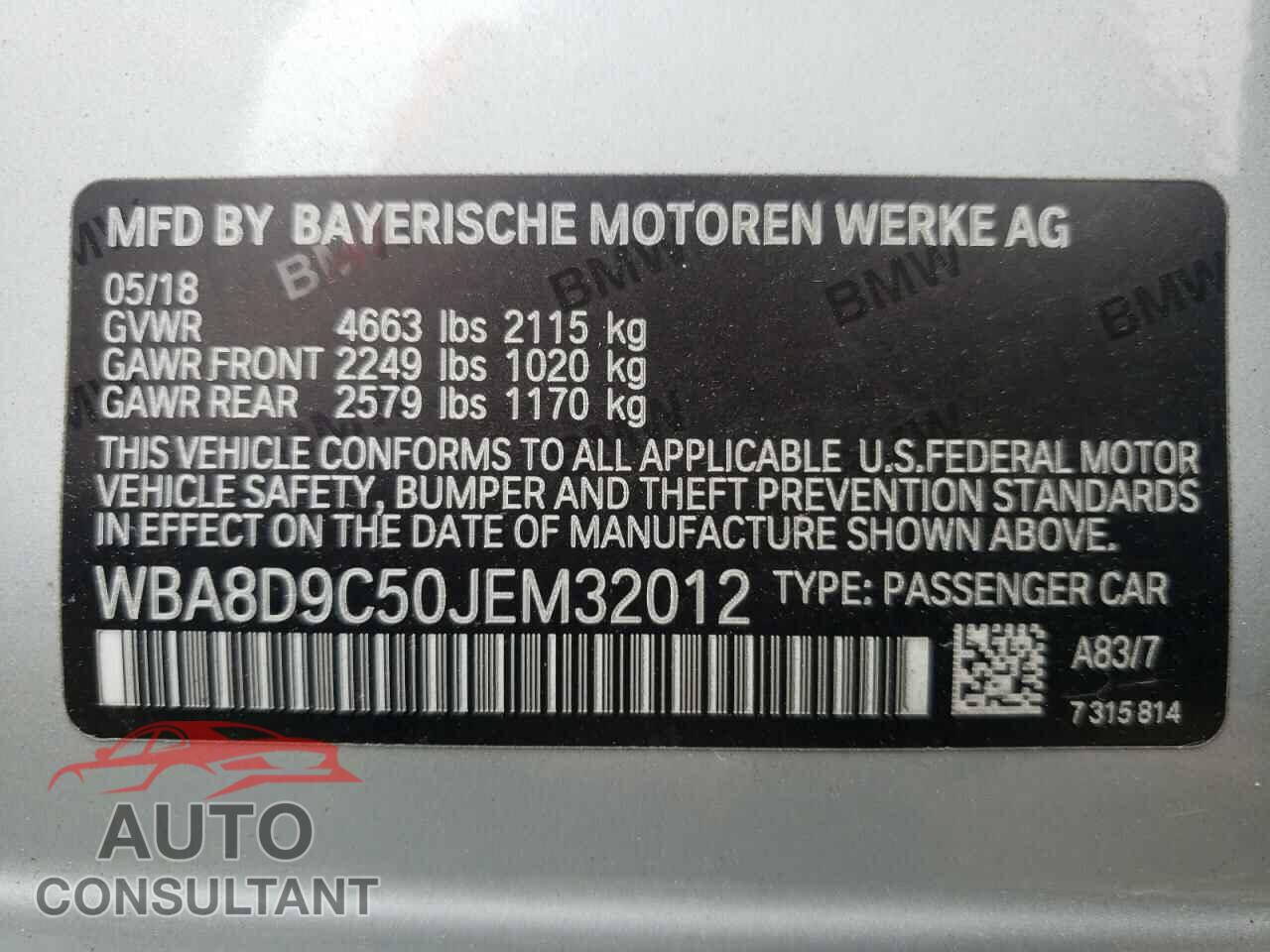 BMW 3 SERIES 2018 - WBA8D9C50JEM32012