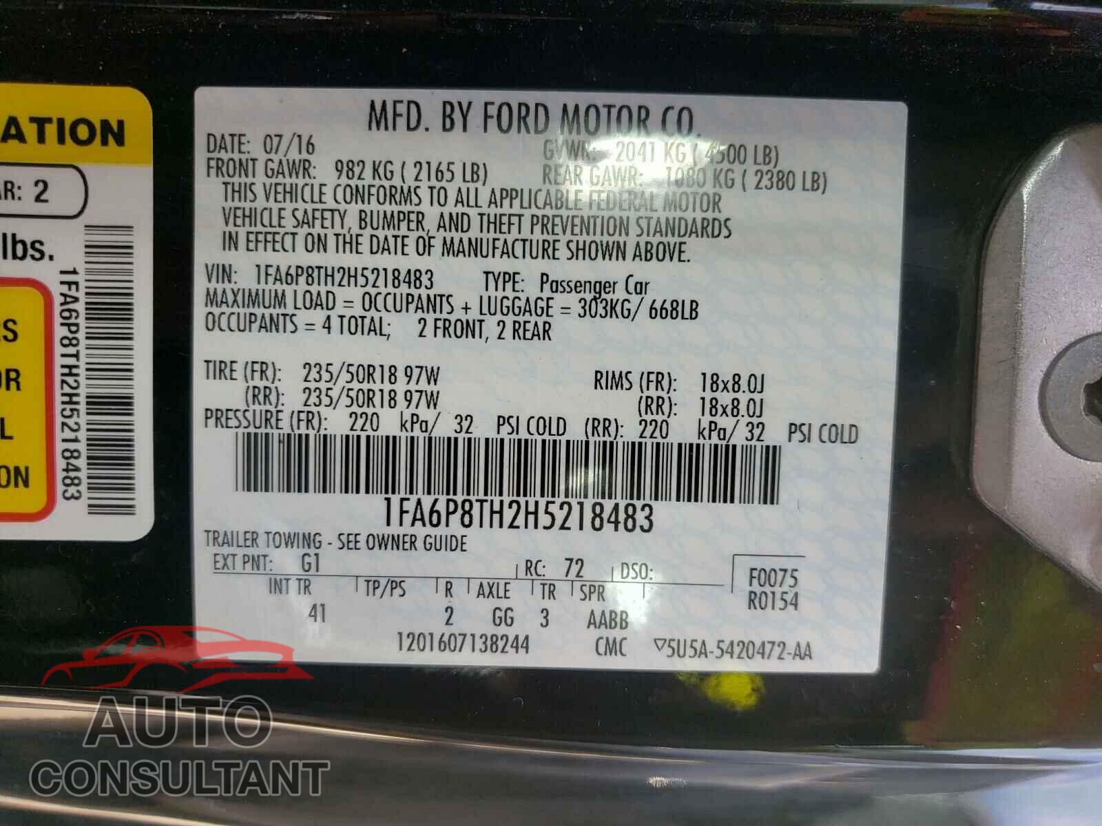 FORD MUSTANG 2017 - 1FA6P8TH2H5218483