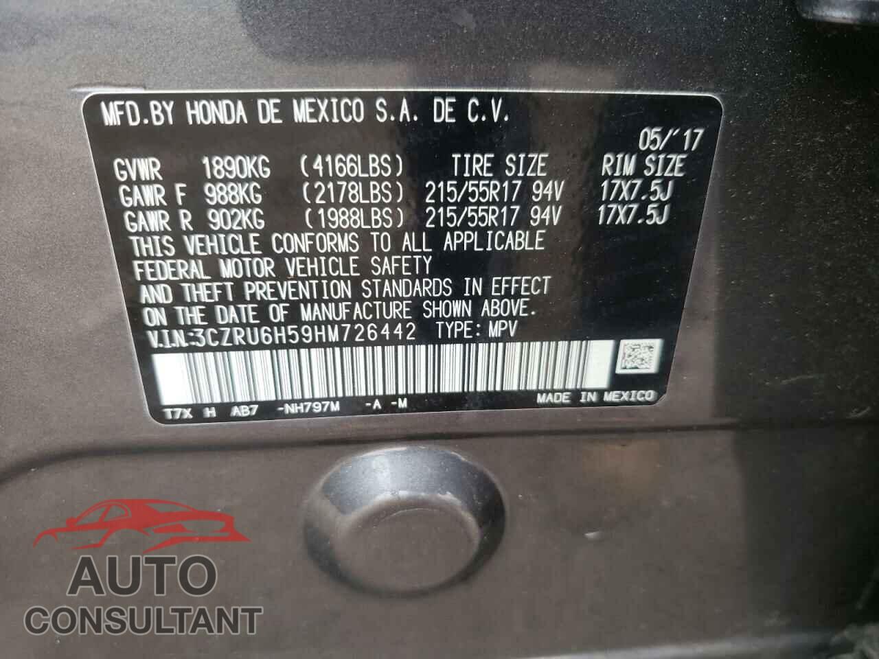 HONDA HR-V 2017 - 3CZRU6H59HM726442