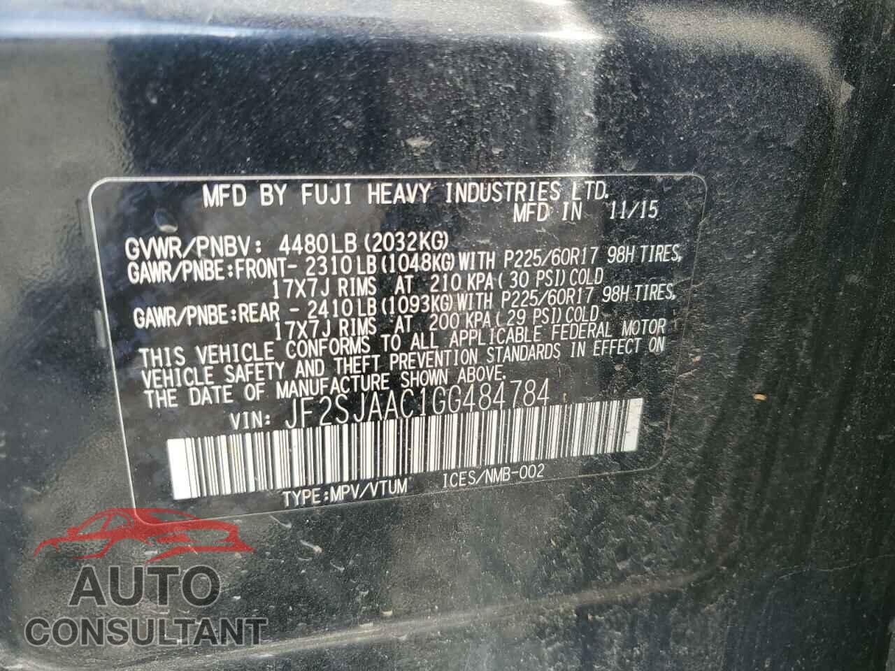 SUBARU FORESTER 2016 - JF2SJAAC1GG484784