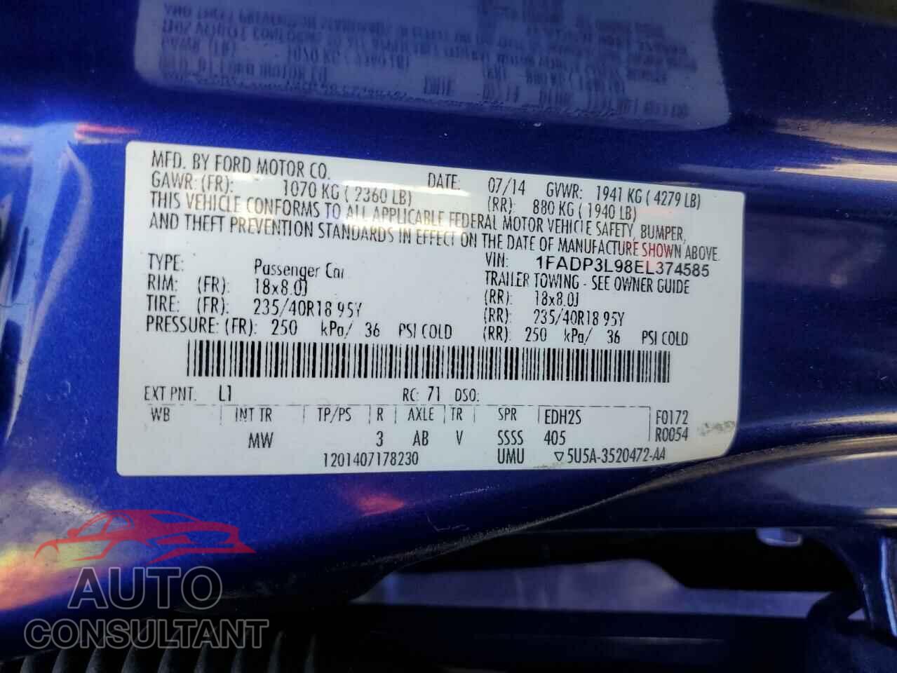 FORD FOCUS 2014 - 1FADP3L98EL374585