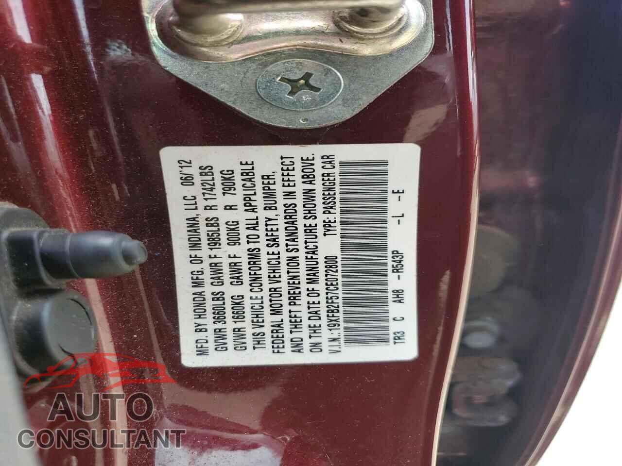HONDA CIVIC 2012 - 19XFB2F57CE072800