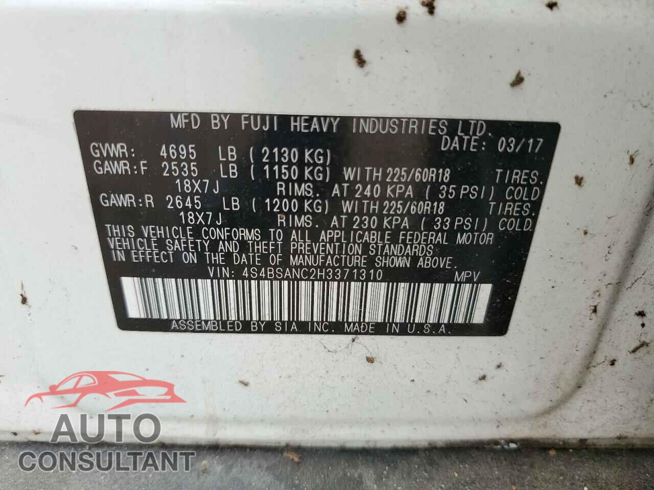 SUBARU OUTBACK 2017 - 4S4BSANC2H3371310