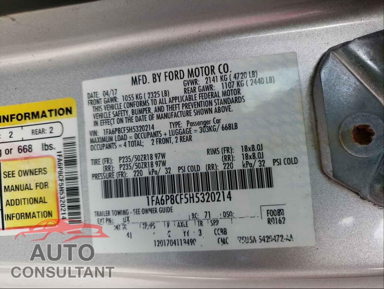 FORD MUSTANG 2017 - 1FA6P8CF5H5320214
