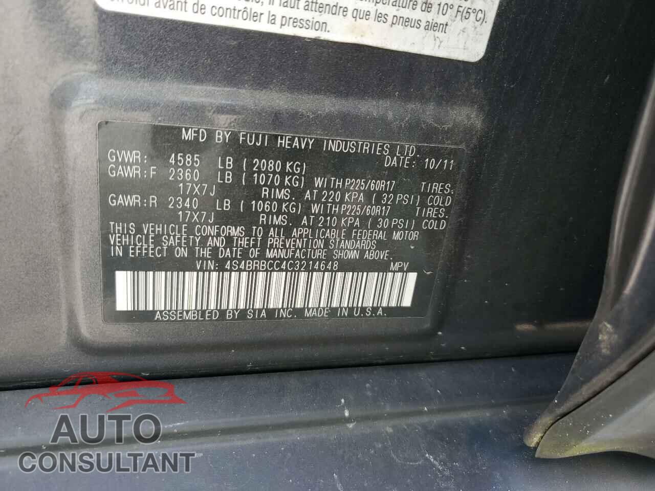 SUBARU OUTBACK 2012 - 4S4BRBCC4C3214648