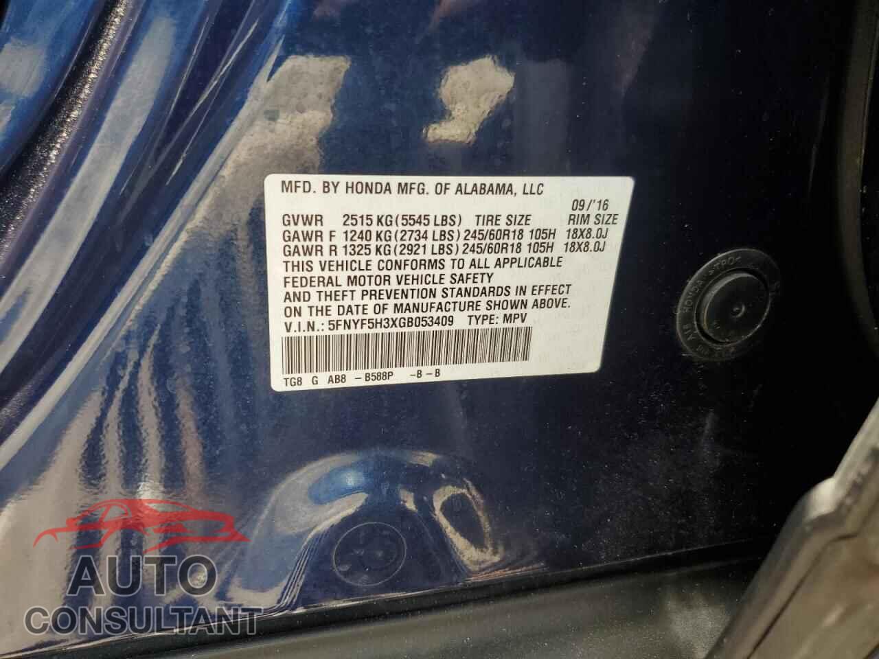 HONDA PILOT 2016 - 5FNYF5H3XGB053409