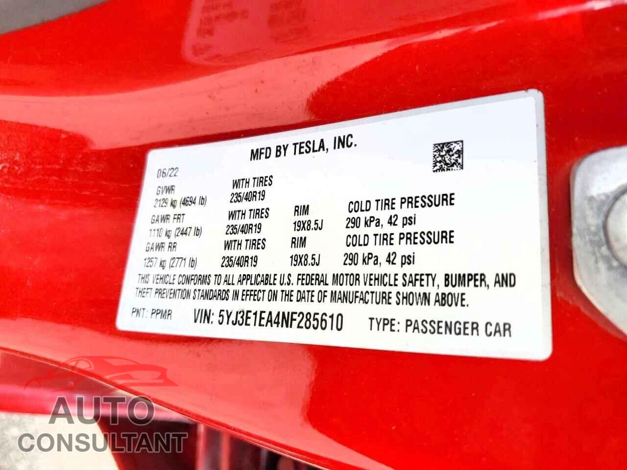 TESLA MODEL 3 2022 - 5YJ3E1EA4NF285610