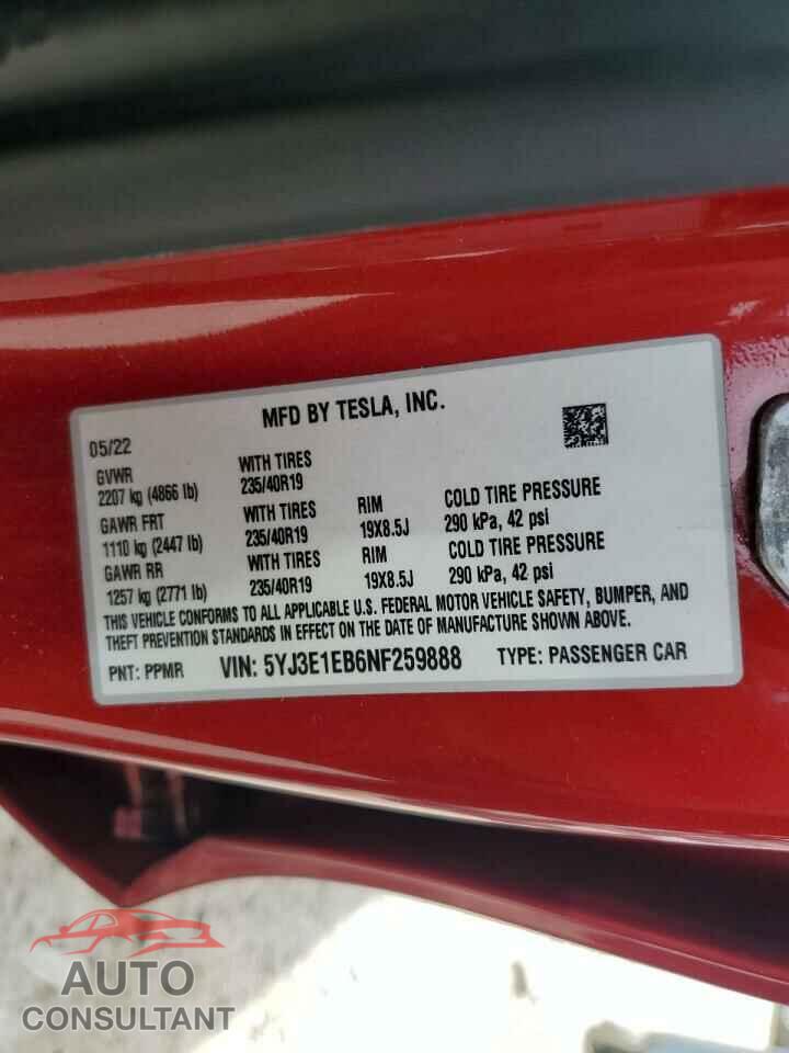 TESLA MODEL 3 2022 - 5YJ3E1EB6NF259888