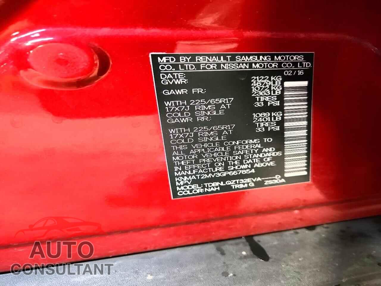 NISSAN ROGUE 2016 - KNMAT2MV3GP667854
