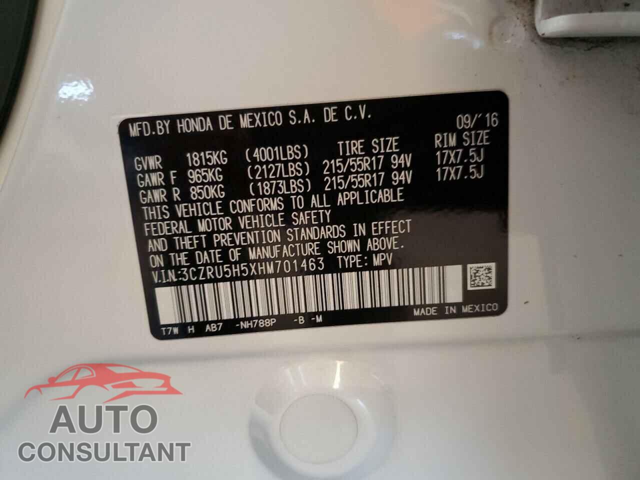 HONDA HR-V 2017 - 3CZRU5H5XHM701463