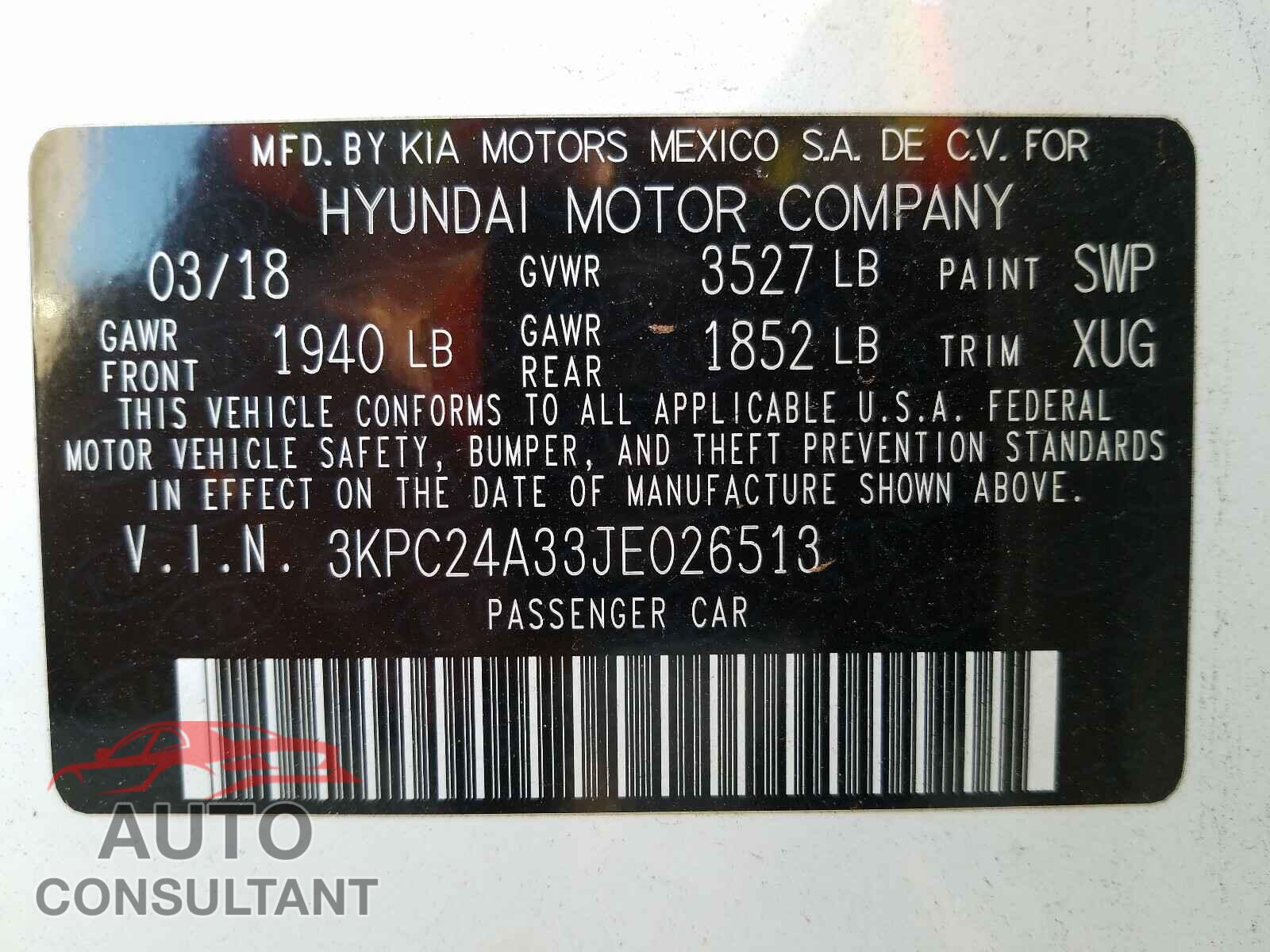 HYUNDAI ACCENT 2018 - 3KPC24A33JE026513