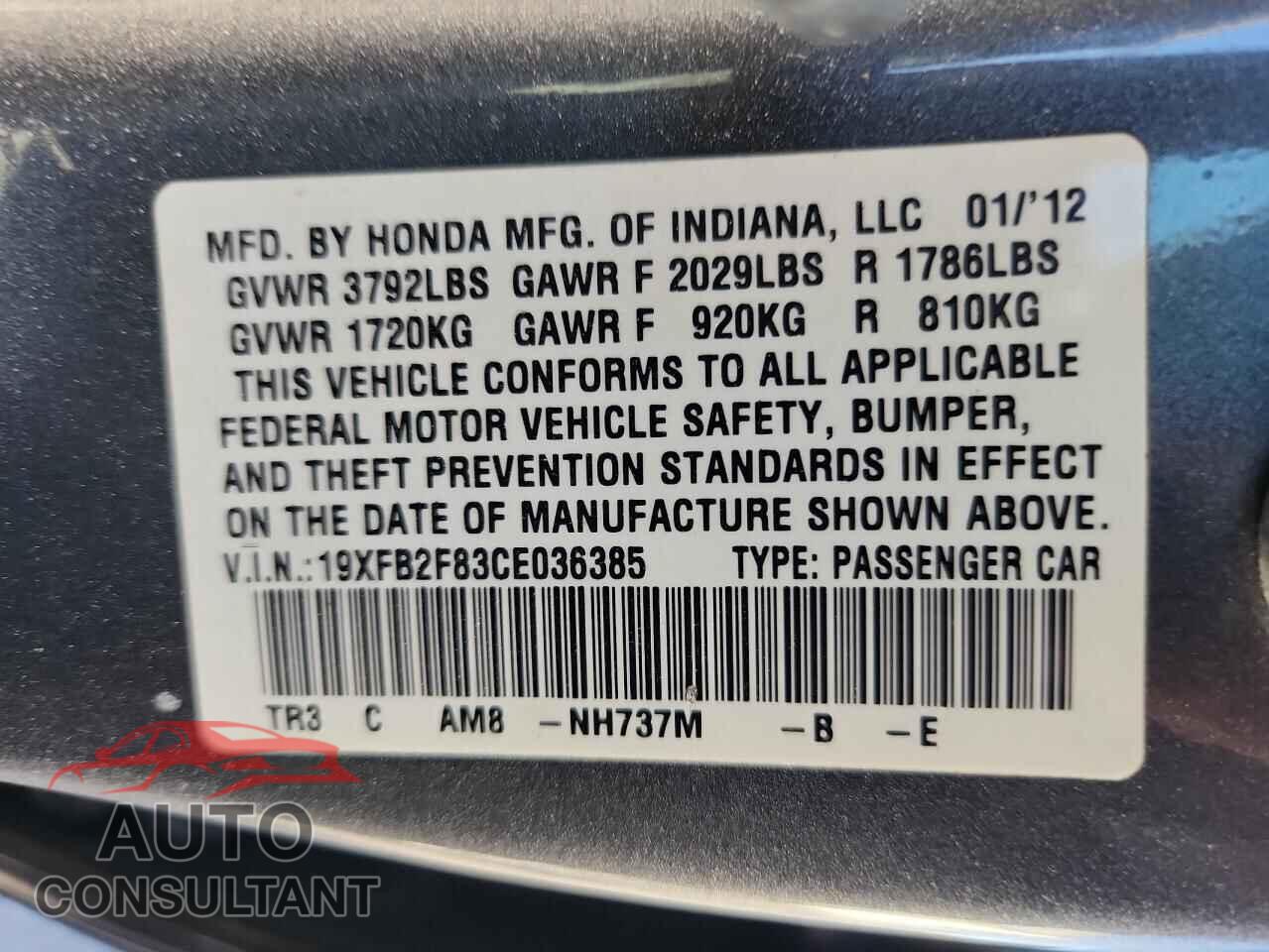 HONDA CIVIC 2012 - 19XFB2F83CE036385